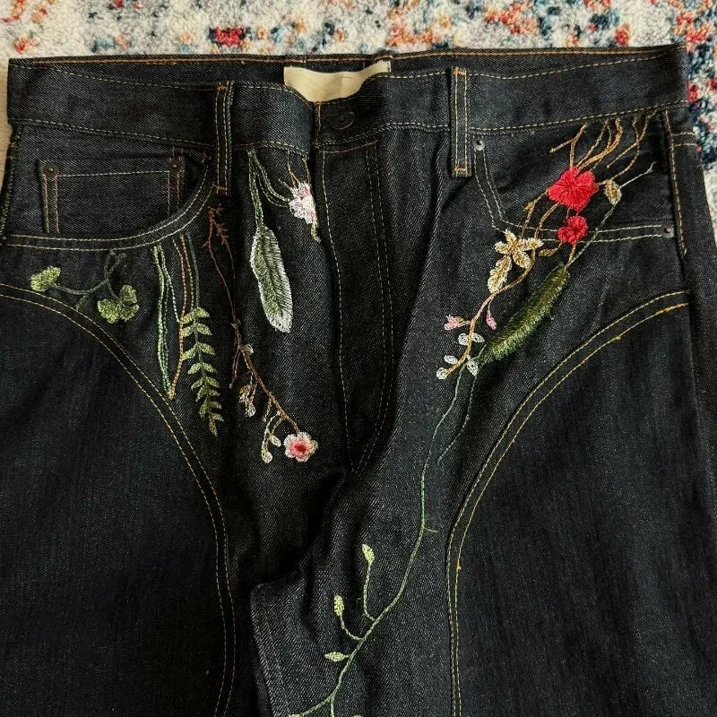 Men's Vintage Y2k Floral Embroidered Loose Baggy Jeans