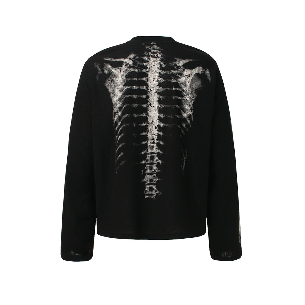 Retro Waffle Skeleton Print Long-sleeved T-shirt