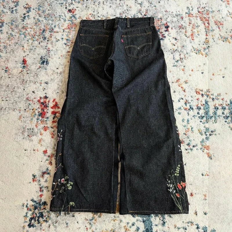 Men's Vintage Y2k Floral Embroidered Loose Baggy Jeans