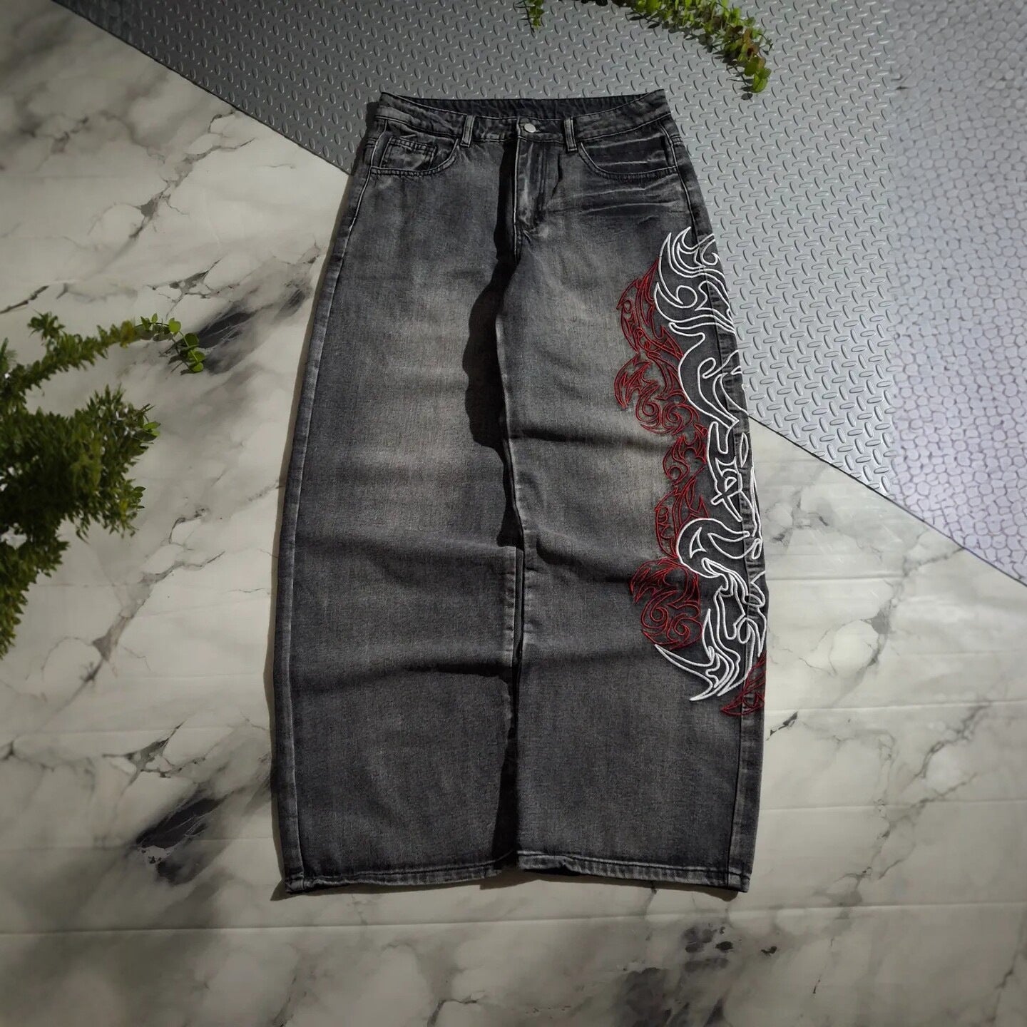 Retro Letter High Street Scimitar Stitching Wide Jeans