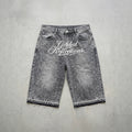 Retro Y2k Trendy Letter Rhinestone Loose Denim Shorts