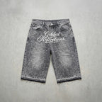 Retro Y2k Trendy Letter Rhinestone Loose Denim Shorts
