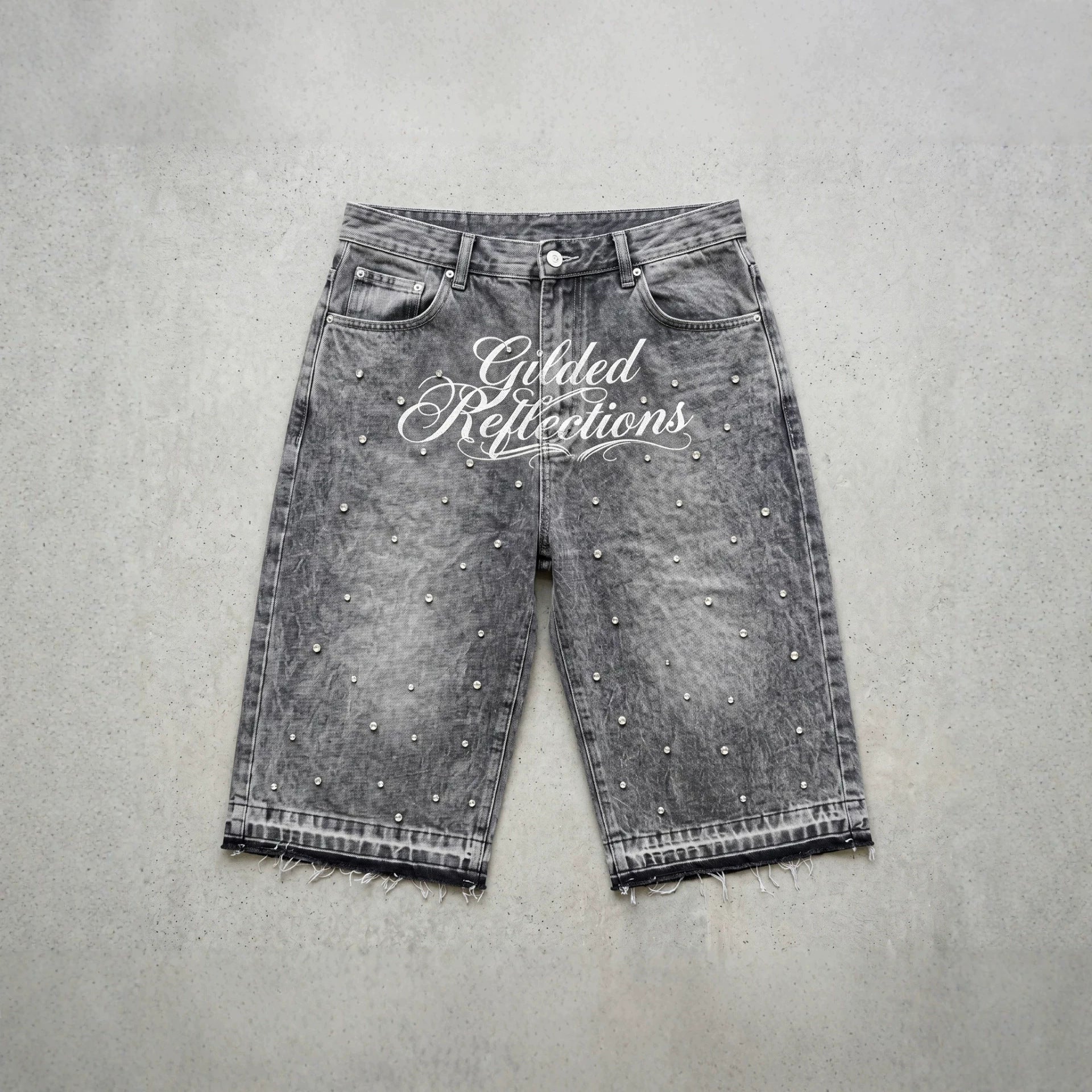 Retro Y2k Trendy Letter Rhinestone Loose Denim Shorts
