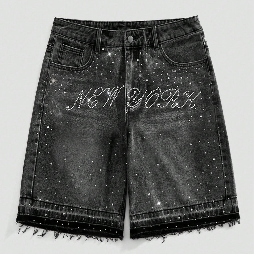 Vintage Y2k Trendy Letter Rhinestone Loose Denim Shorts