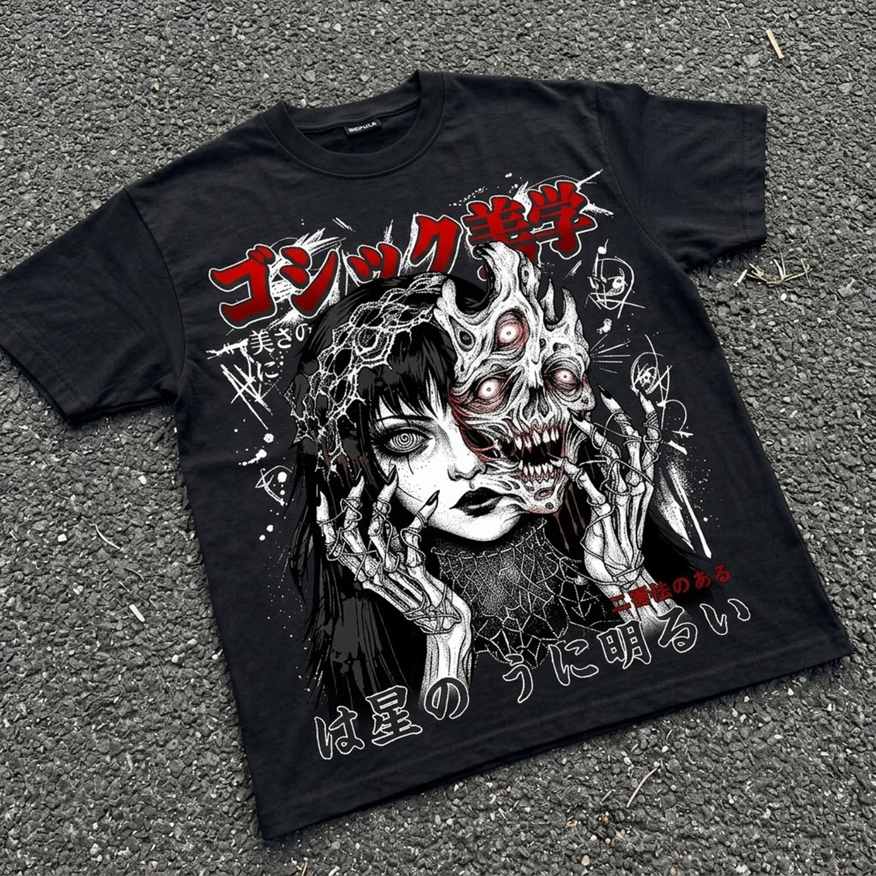 Japanese Gothic Double Sided Skull Girl Graphic T-shirt