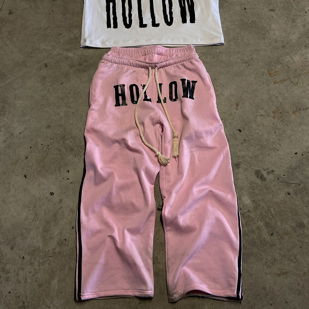 Retro Letter Print Trendy Drawstring Double Waist Sweatpants
