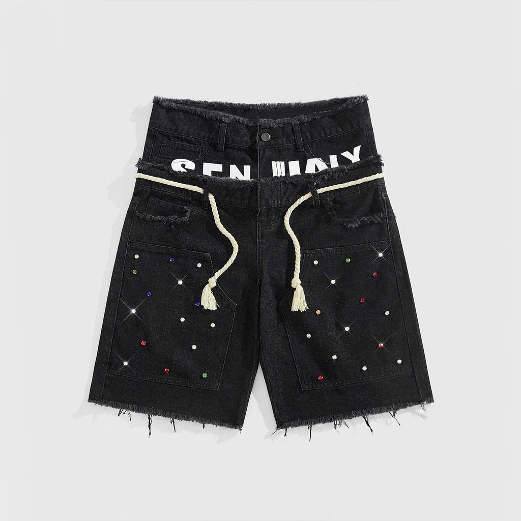 Vintage  Y2k Trendy Letter Rhinestone Drawstring Loose Denim Shorts