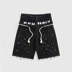 Vintage  Y2k Trendy Letter Rhinestone Drawstring Loose Denim Shorts