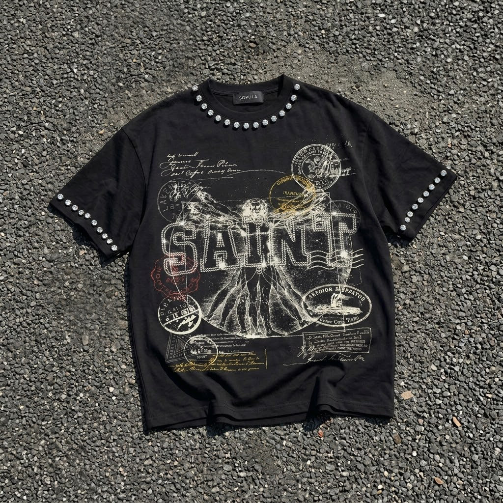 Saints Rhinestone Stamp Collage Vitruvian Graphic Cotton T-shirt