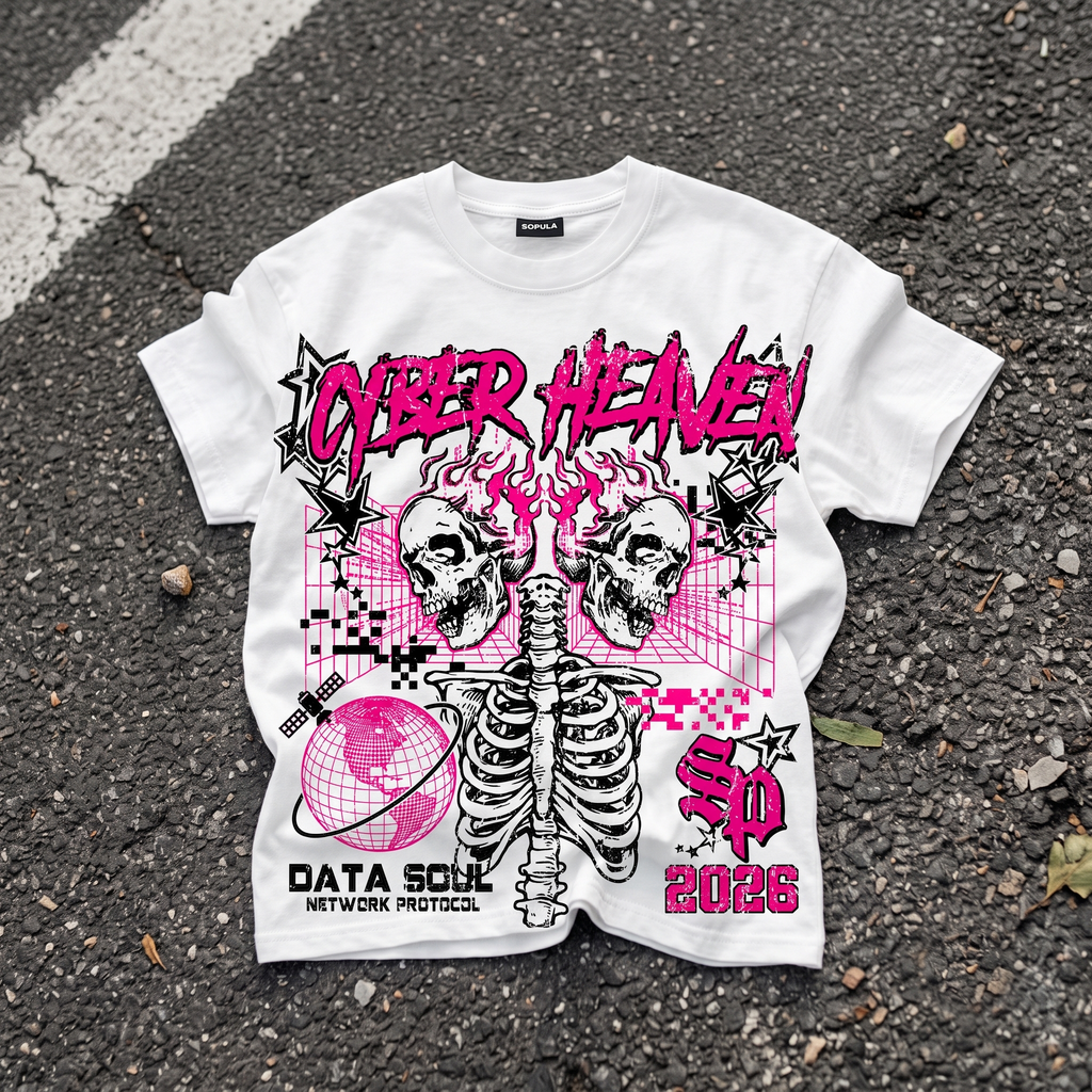 Cyber heaven Double Skull Retro Graphic T-shirt