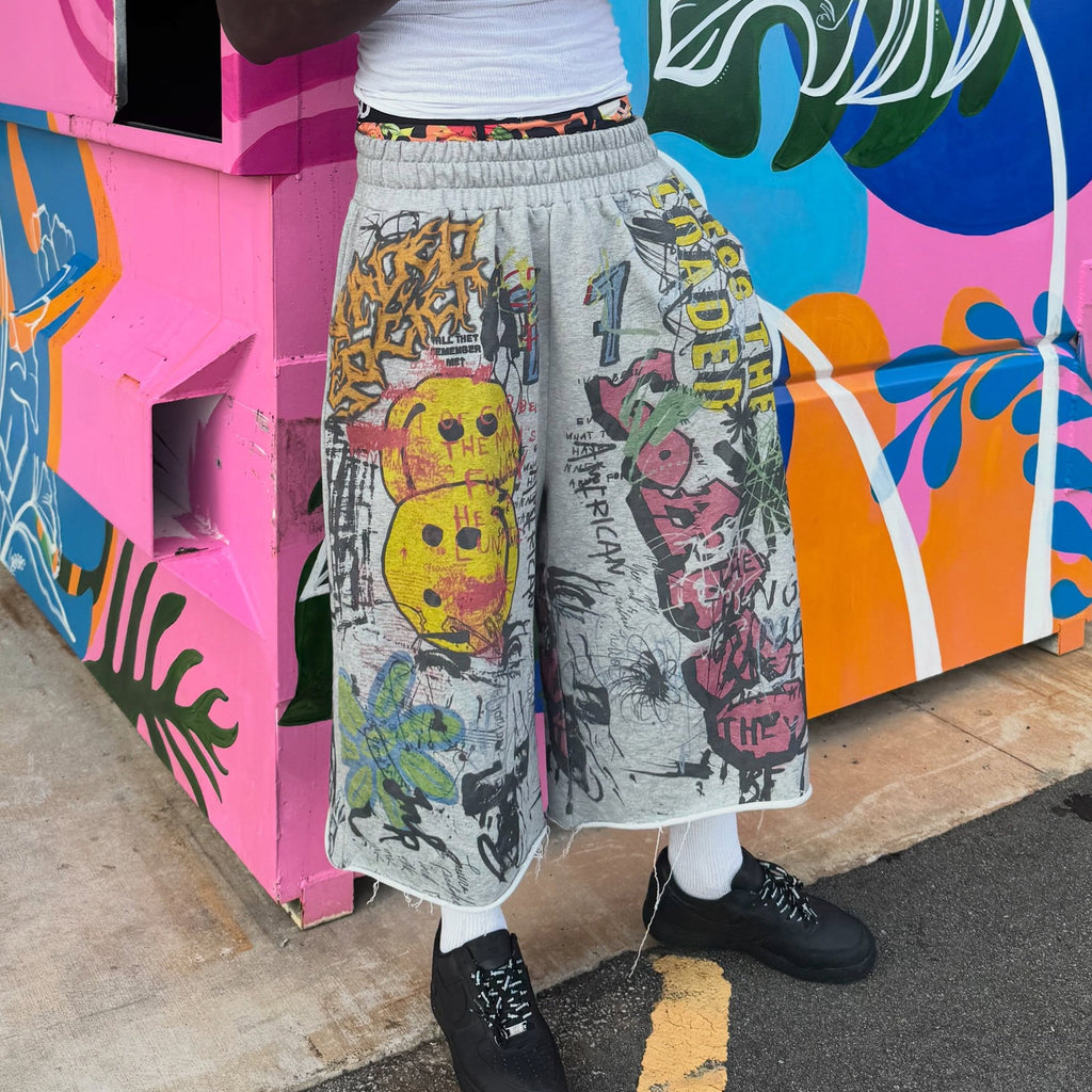 Vertabrae Casual Graffiti Print Streetwear Hip Hop Smiley Face Cotton Shorts