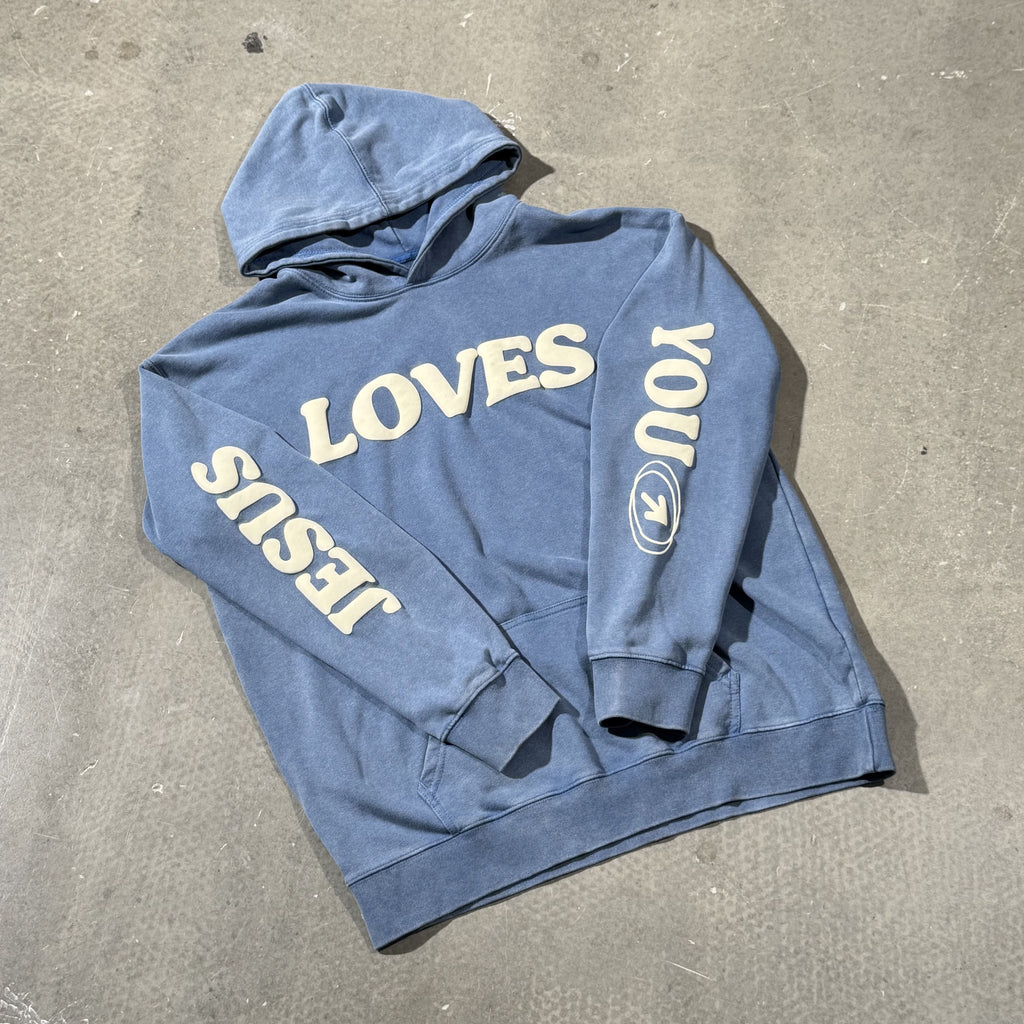 Puff Print Jesus Loves You Graphic Heavyweight Washed Hoodie