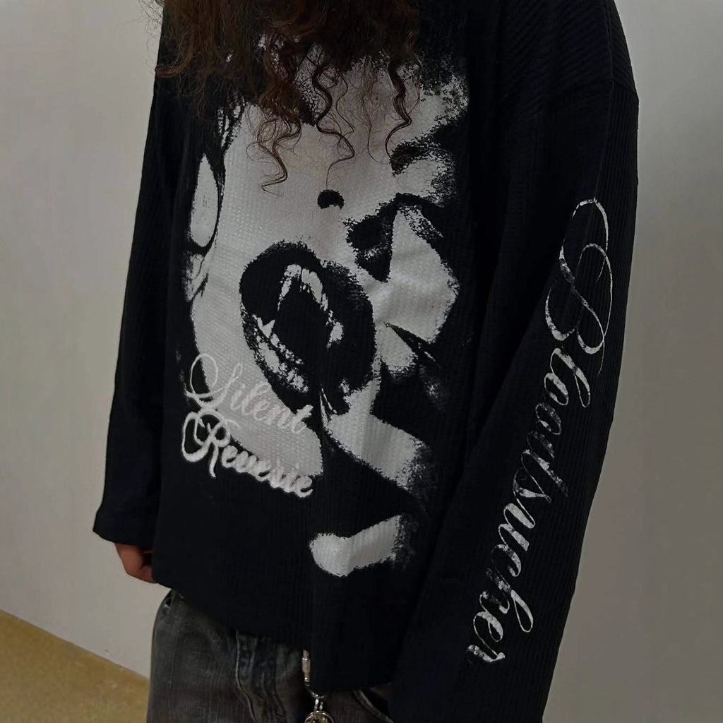 Y2k Dark Style Vampire Thermal Pattern Waffle  Long-sleeve T-shirt