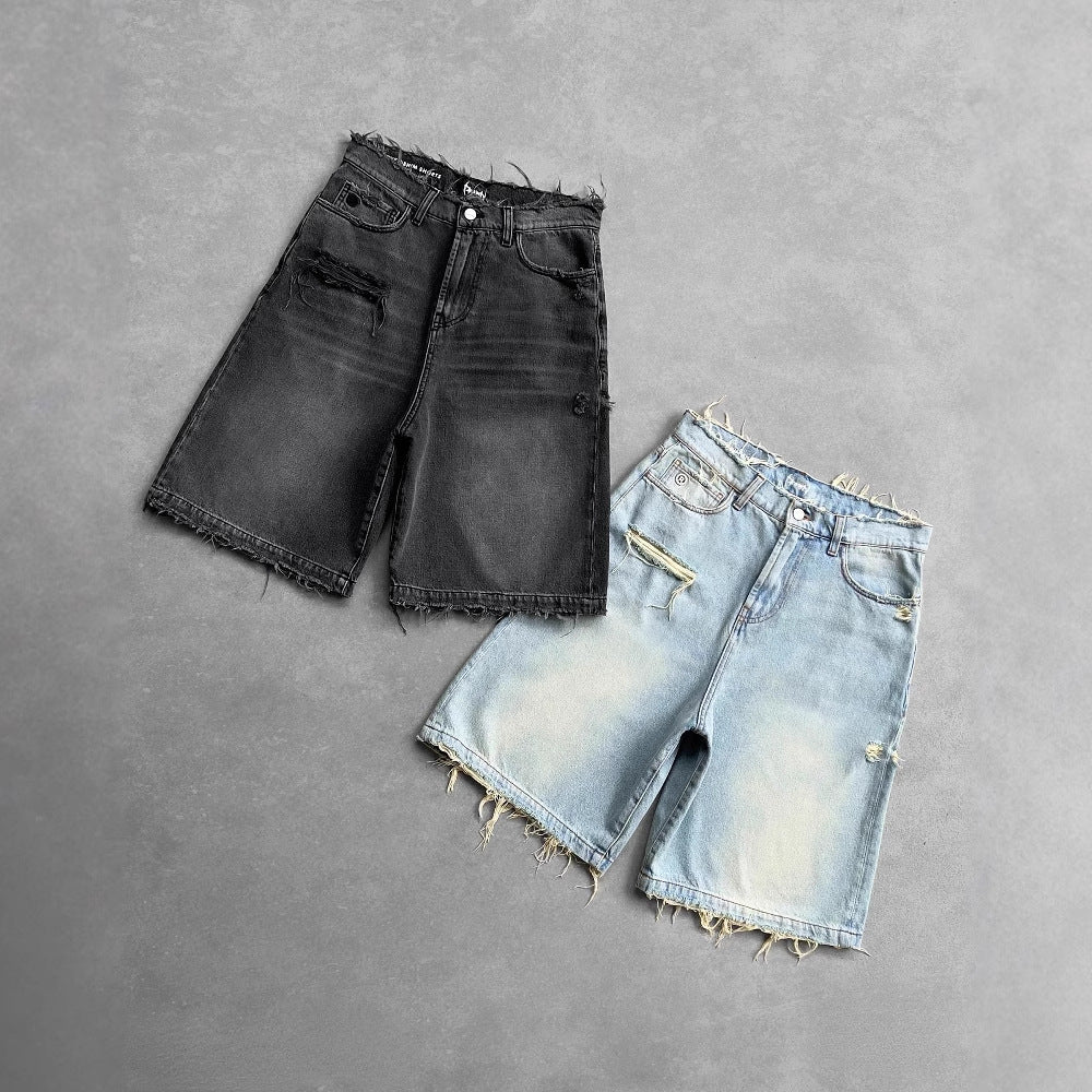 Men's Gothic Punk Washed Ripped Denim Shorts Jorts