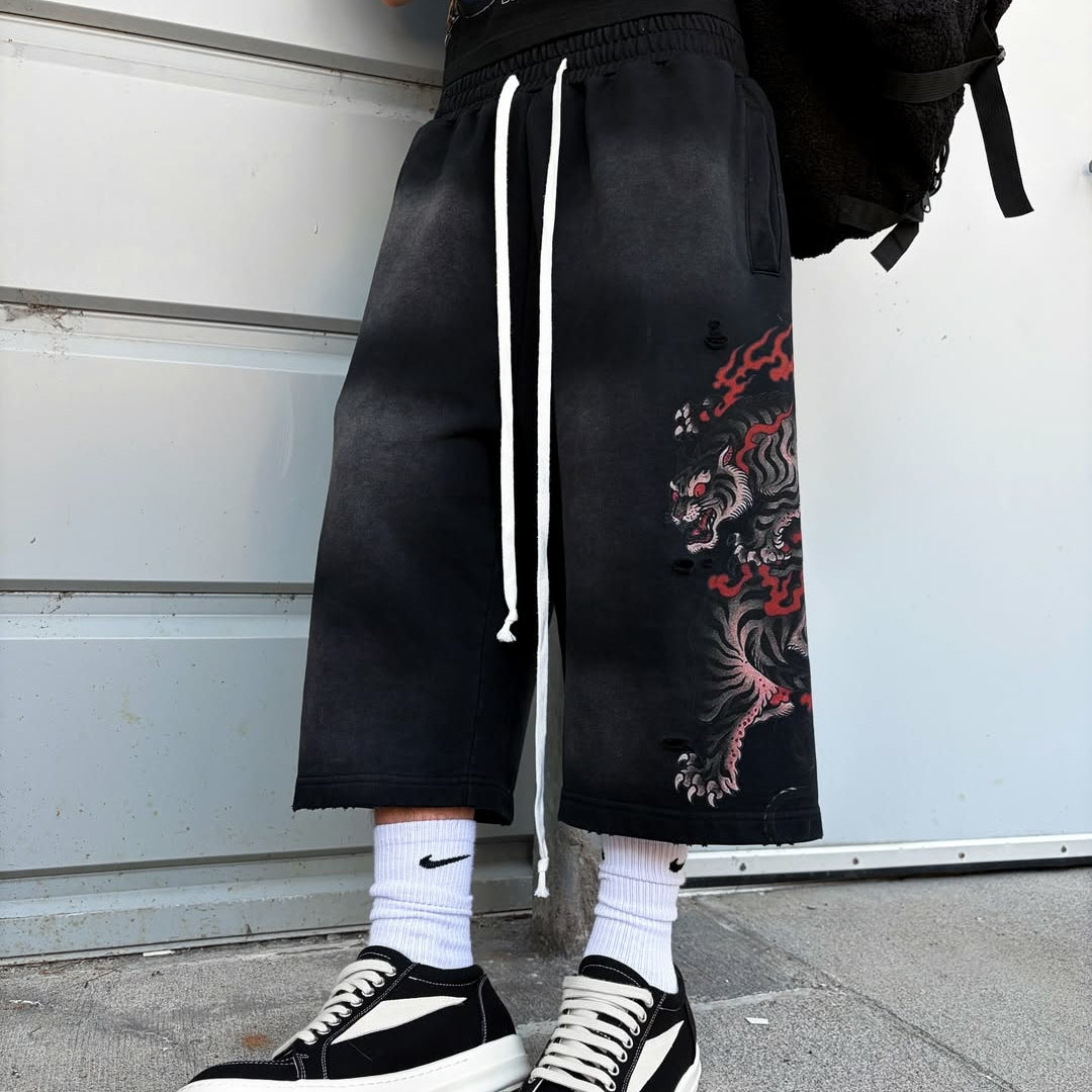 Retro Japanese Style Tiger Print Drawstring Loose Sweatpants