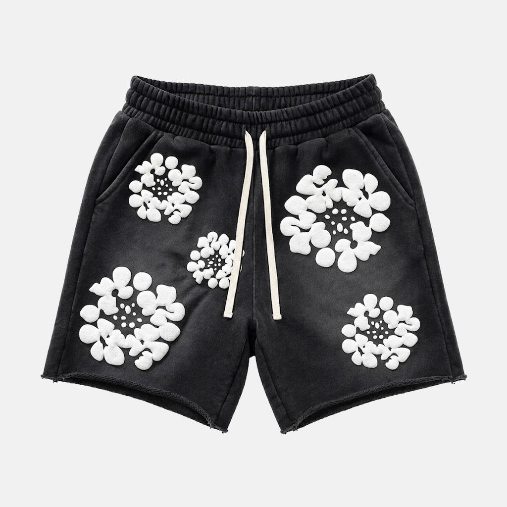 Silhouette Wreath Foam Printed Janky Acid Washed Shorts