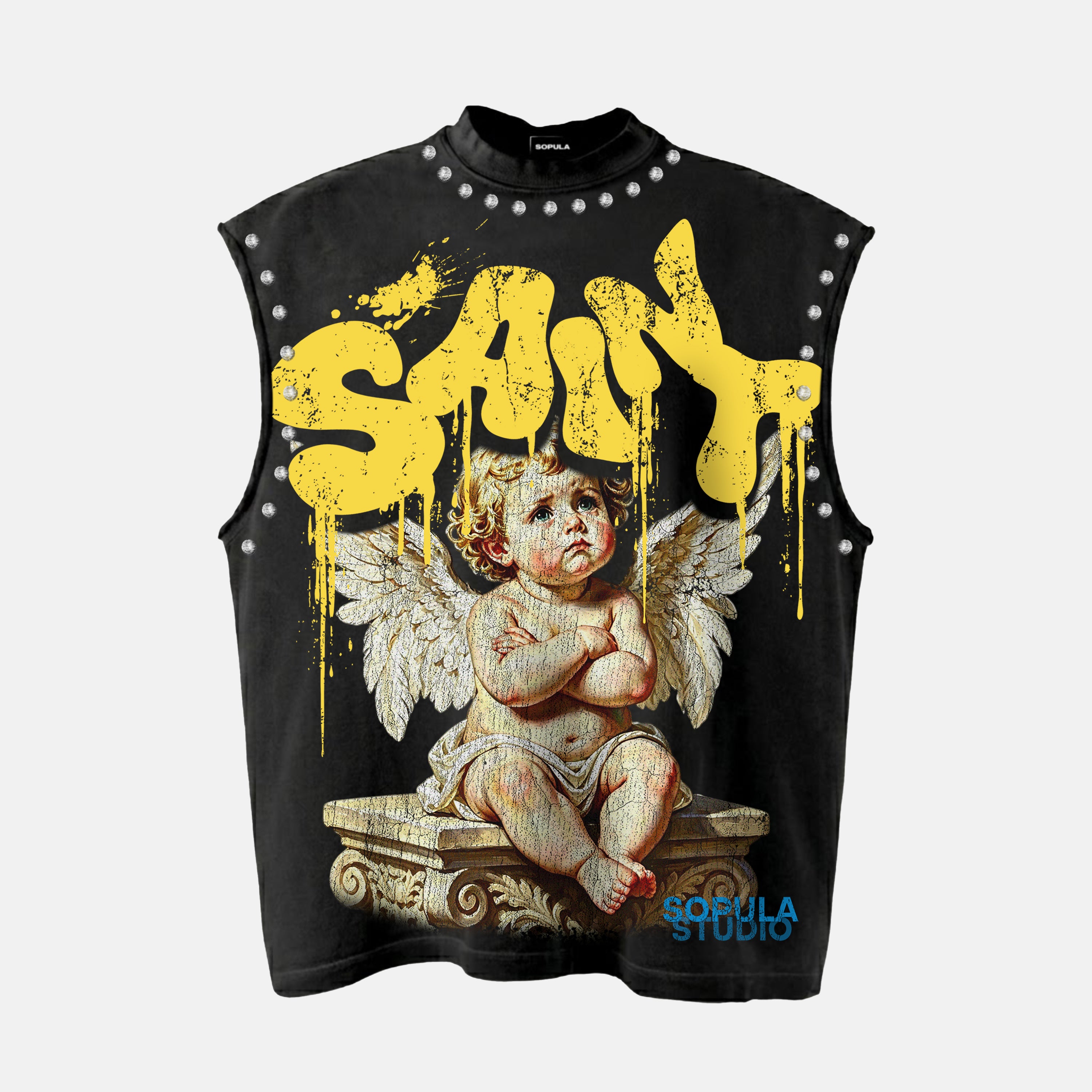 Saint The Contemplative Angel Graphic Rhinestone Tank Top