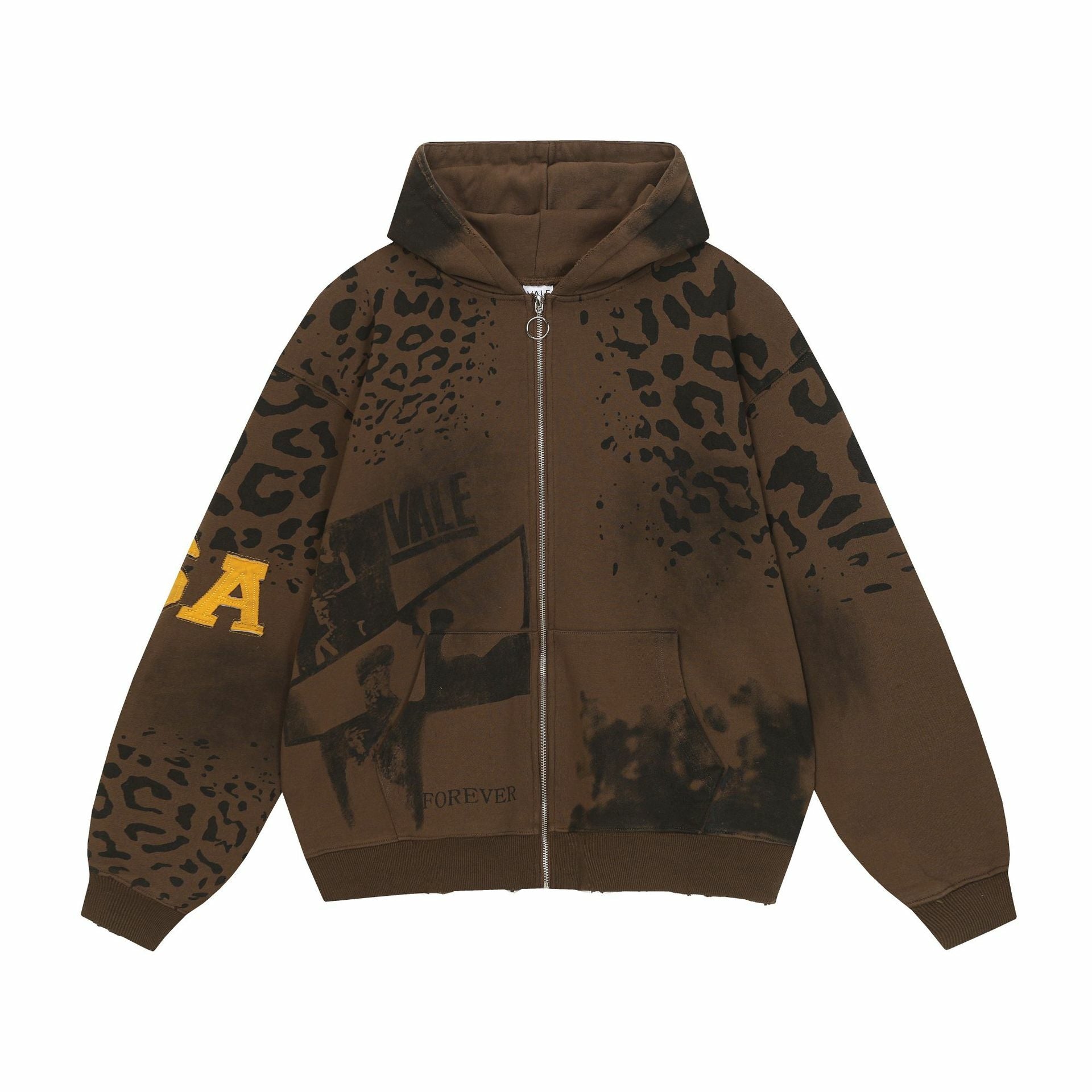 Retro Leopard Print Letter Print Zip-up Hoodie