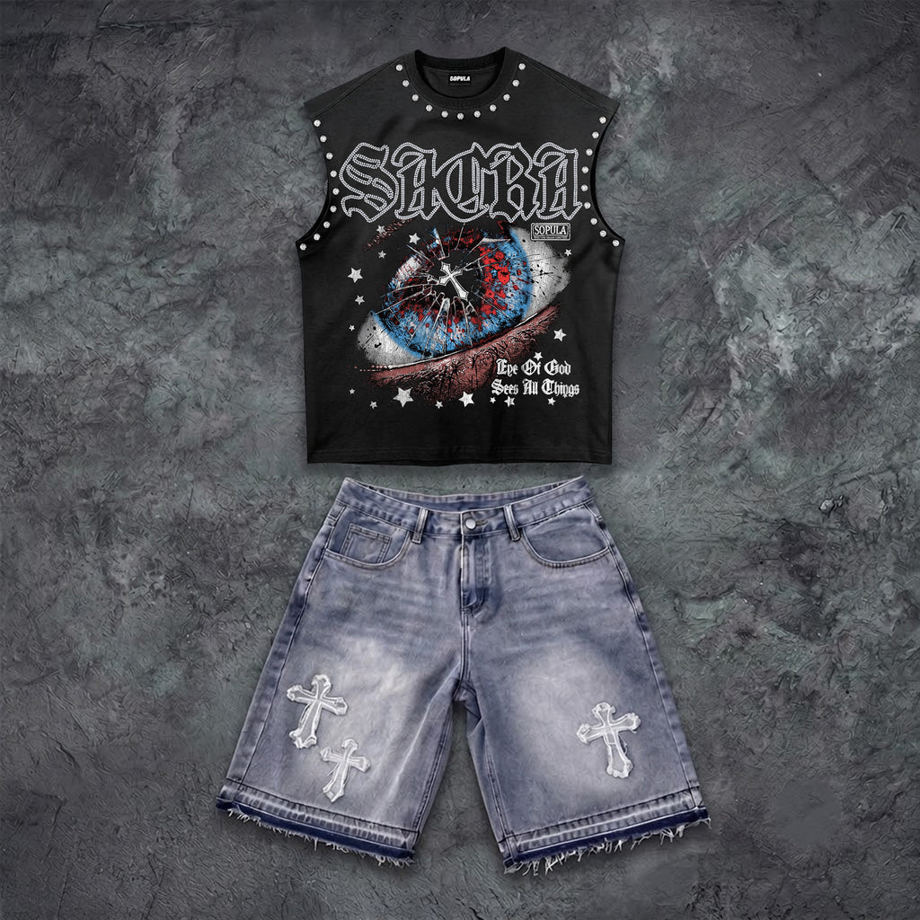 Eye Of God Graphic Tank Top & Washed Cross Appliqué Denim Shorts Set
