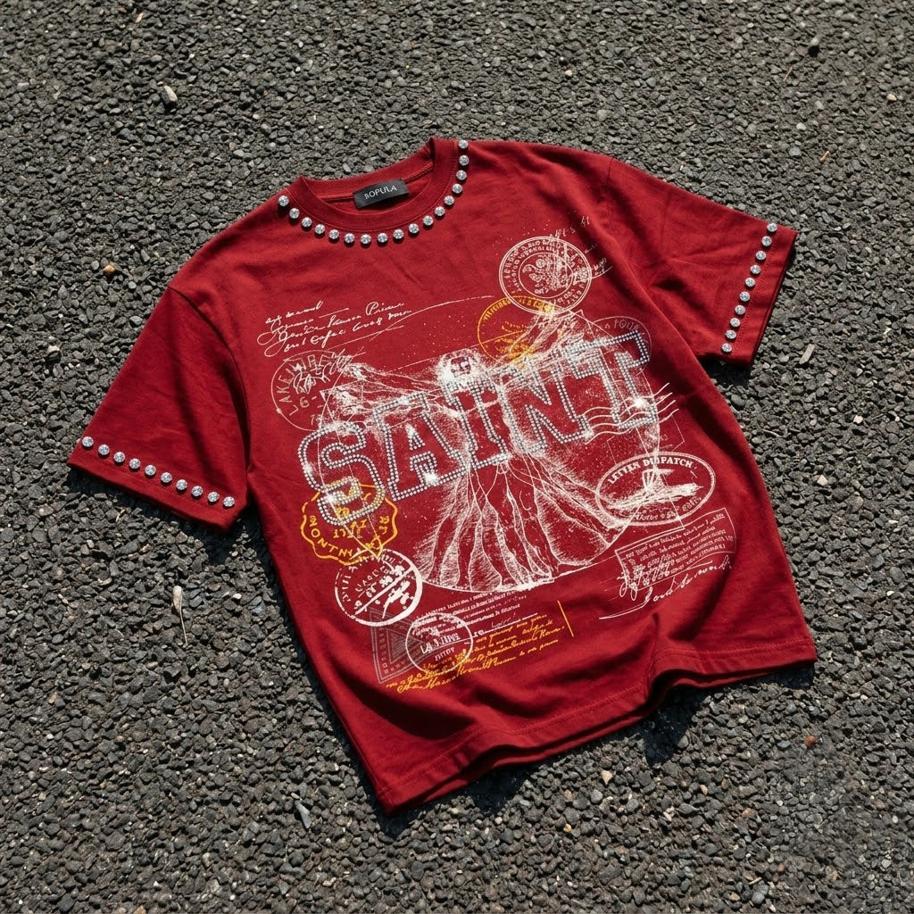 Saints Rhinestone Stamp Collage Vitruvian Graphic Cotton T-shirt