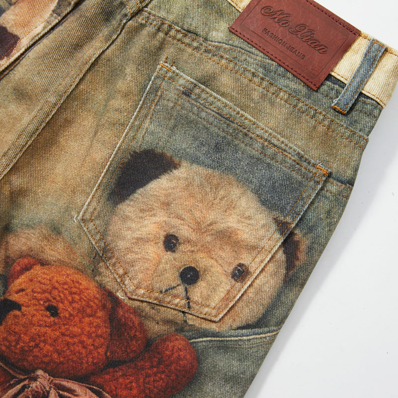 Retro Cute Bears Print Baggy Jeans