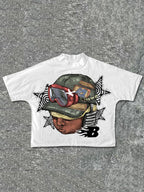 Flame Letter Boy Print 100% Cotton Cropped T-shirts