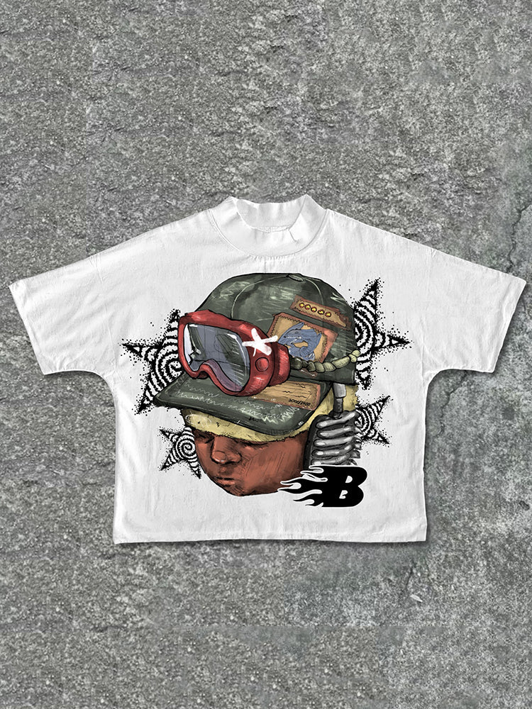 Flame Letter Boy Print 100% Cotton Cropped T-shirts
