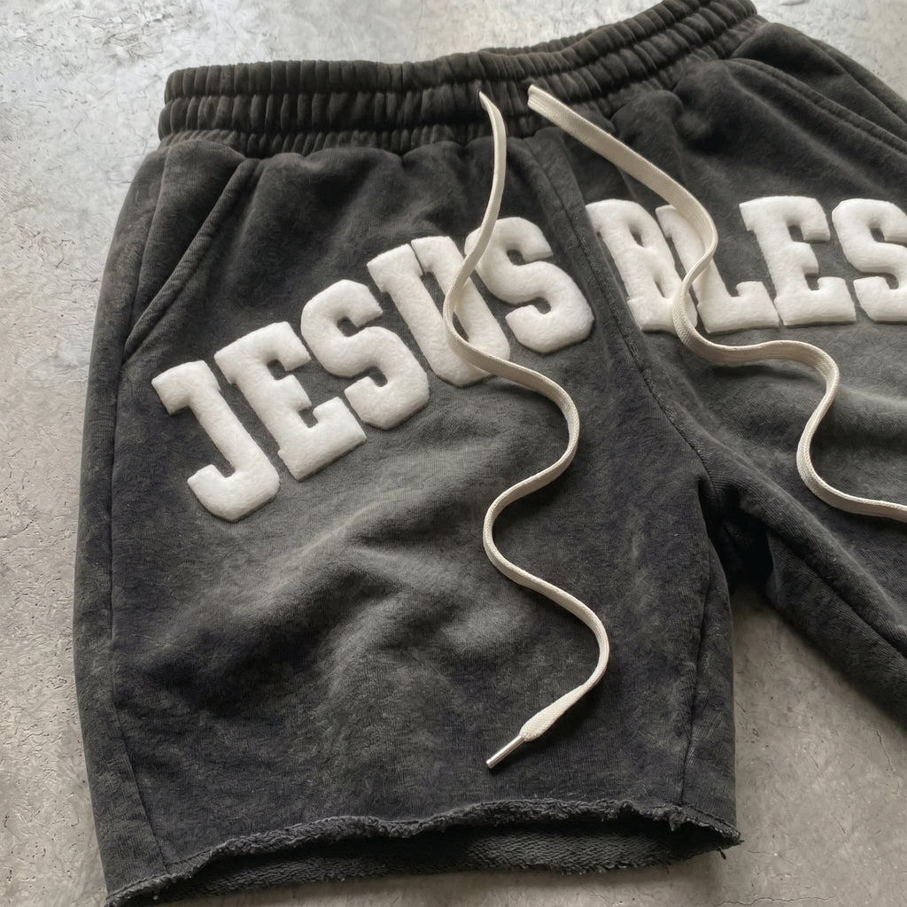Jesus Bless Foaming Process Graphic Washed Shorts