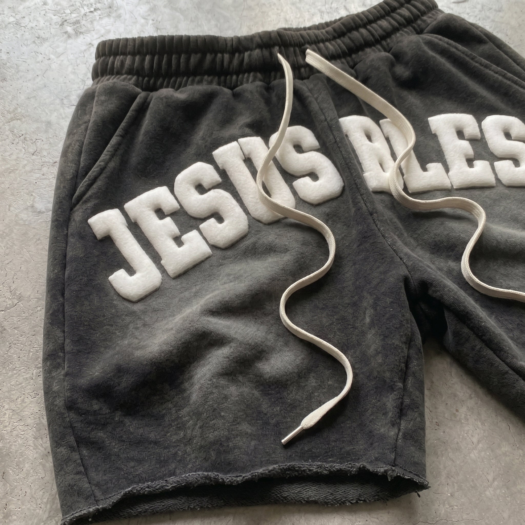 Jesus Bless Foaming Process Graphic Washed Shorts