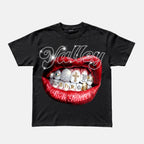 Valley Rhinestone Embellishment Rich Forever Red Lips Graphic Cotton T-shirt