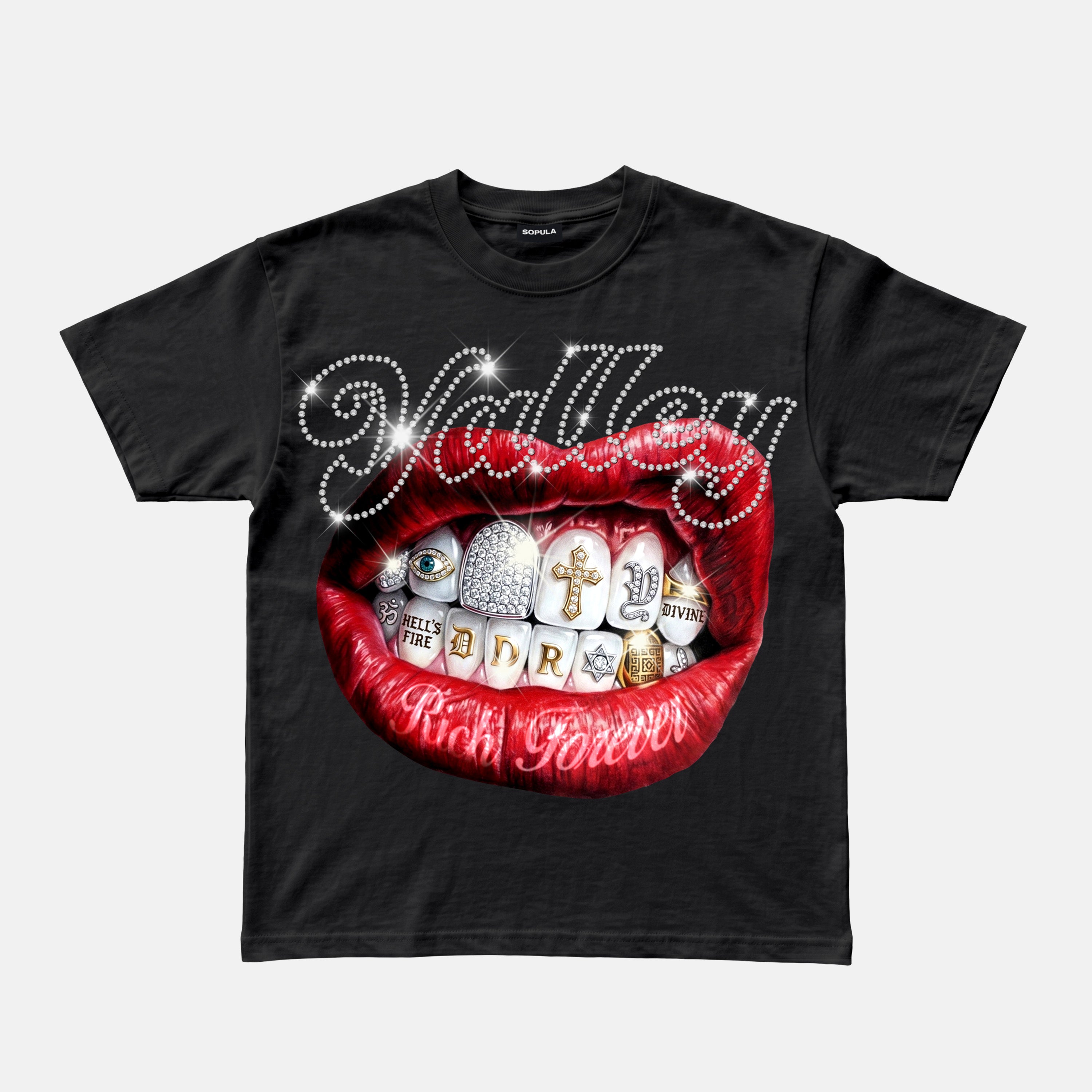 Valley Rhinestone Embellishment Rich Forever Red Lips Graphic Cotton T-shirt