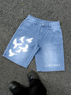 Lost Souls Pigeon Print Graphic Denim Shorts