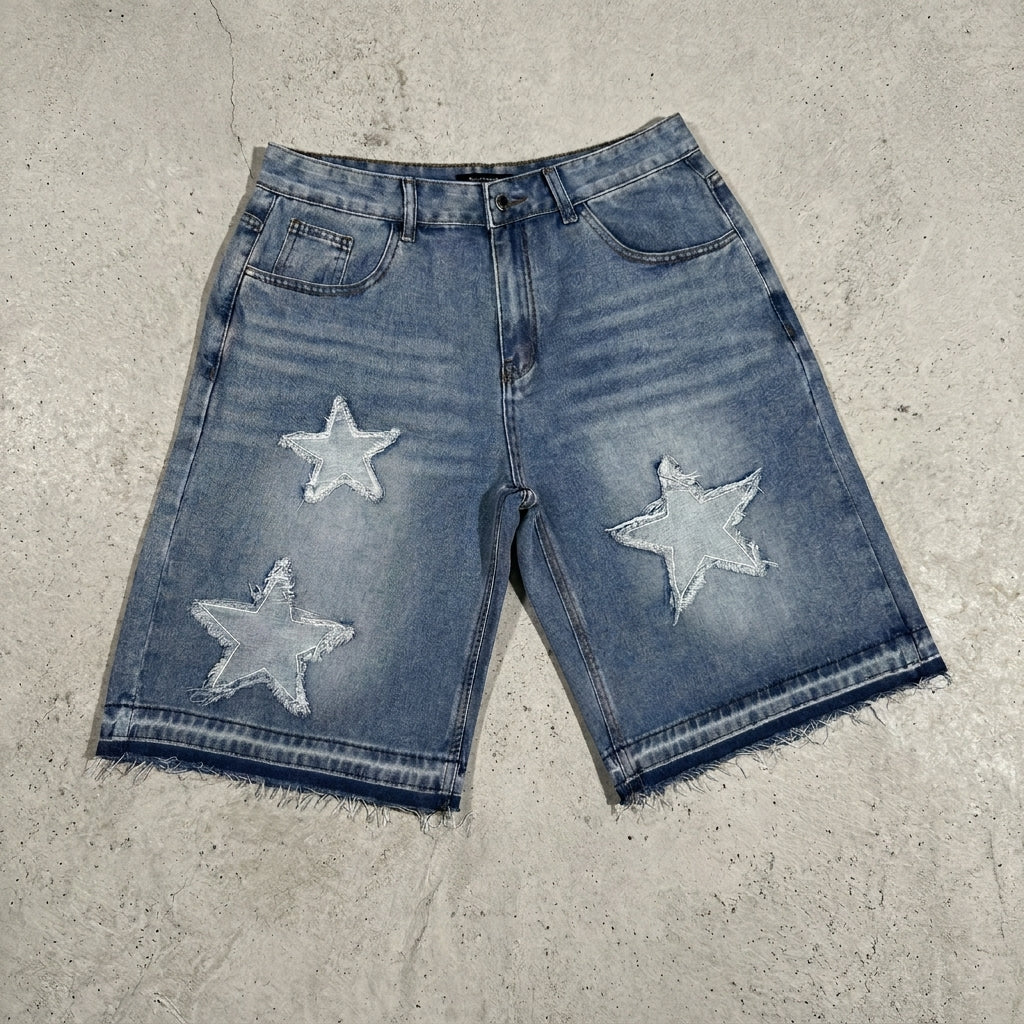 Streetwear Washed Distressed Star Appliqué Denim Jorts