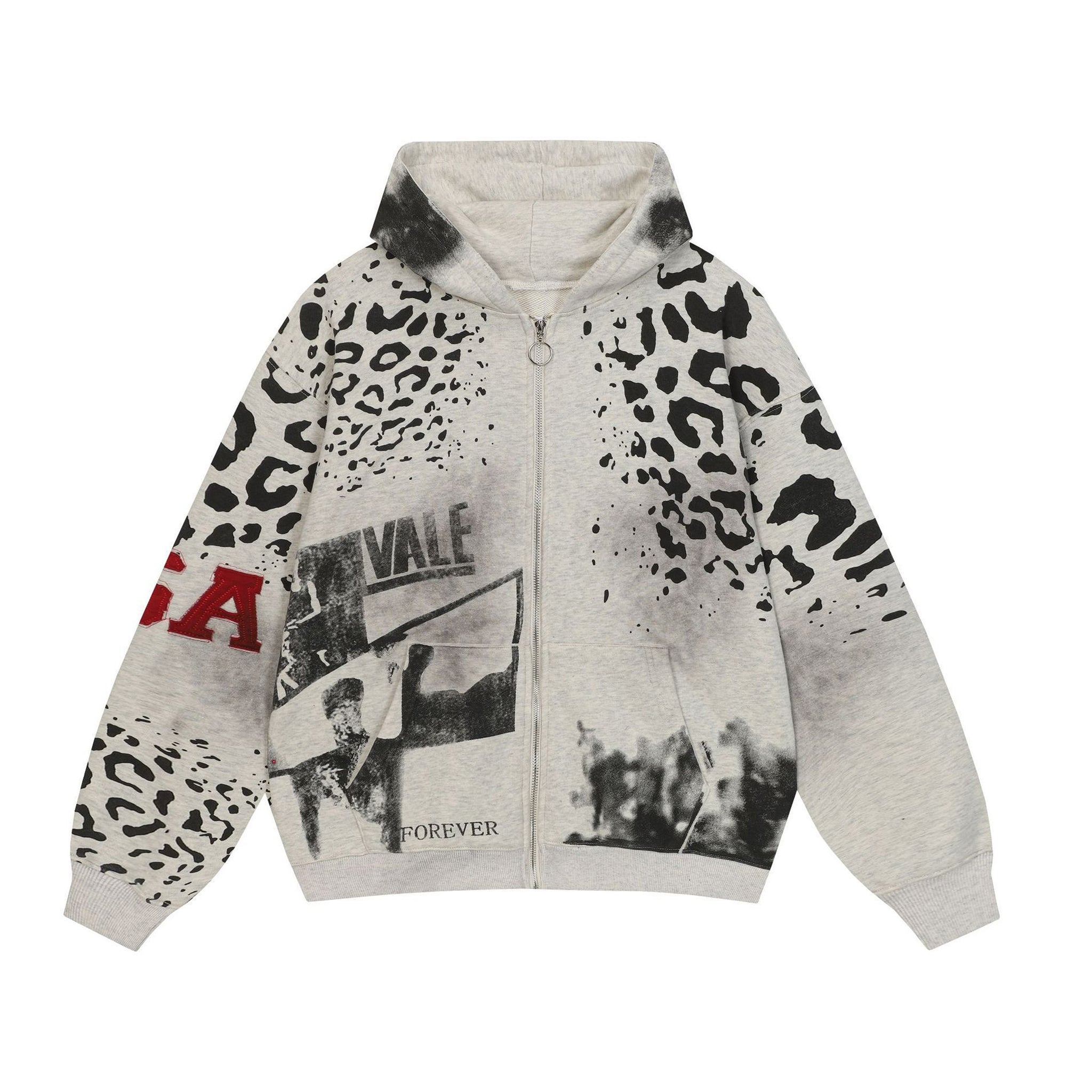 Retro Leopard Print Letter Print Zip-up Hoodie