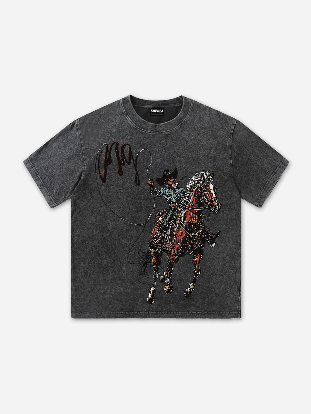 Men's Vintage Western Cowboy Graphic Acid Wash T-shirt