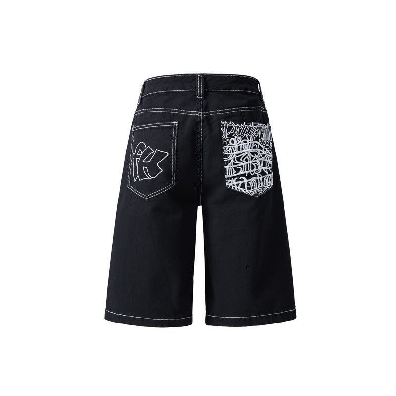 Men's Hip-hop Embroidered Loose Denim Shorts Jorts