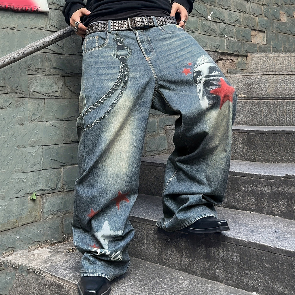 Men's Wide-leg Jeans With Star Chain Print