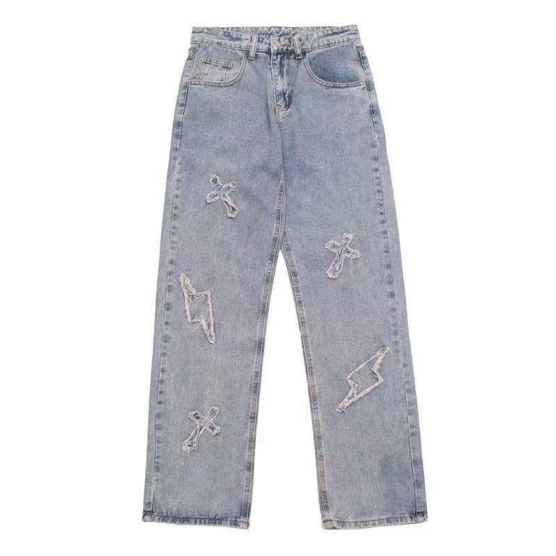 Men's Fashion Cross Lightning Patch Embroidered Street Jeans