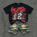 God Loves The World Graphic T-shirt & Vintage Wide Leg Six Point Denim Shorts