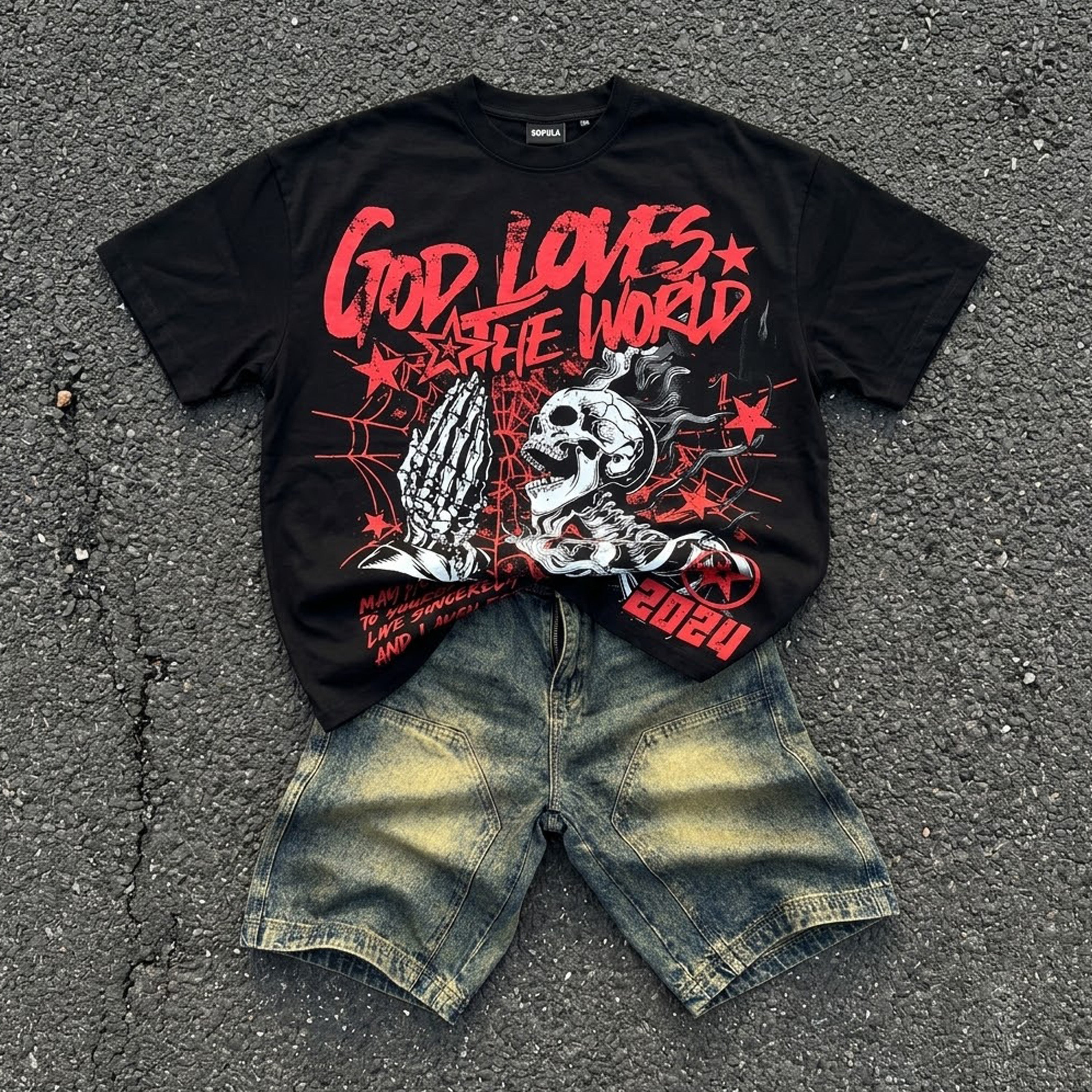 God Loves The World Graphic T-shirt & Vintage Wide Leg Six Point Denim Shorts