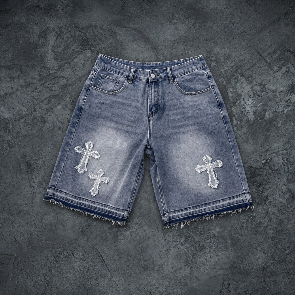 Sacra Angel T-shirt & Cross Appliqué Denim Shorts Set