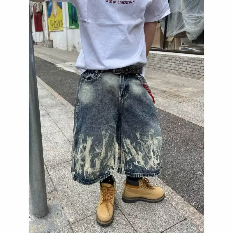 Hip-hop Washed Flame Pattern Loose Denim Shorts
