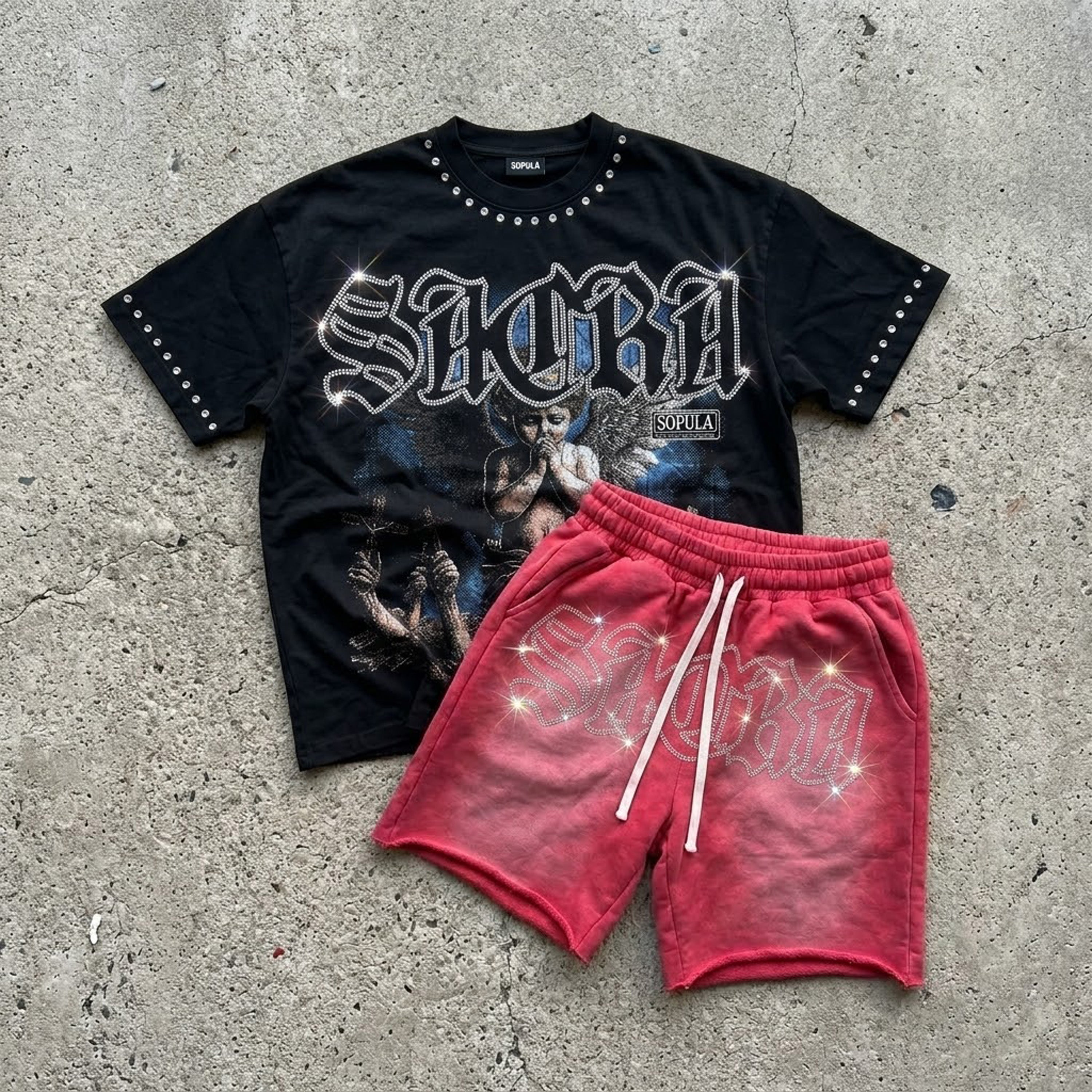 Sacra Angel Prayer Retro Graphic T-shirt And Shorts Sets