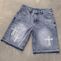 High-street Embroidery Cross Washed Denim Shorts