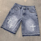 High-street Embroidery Cross Washed Denim Shorts