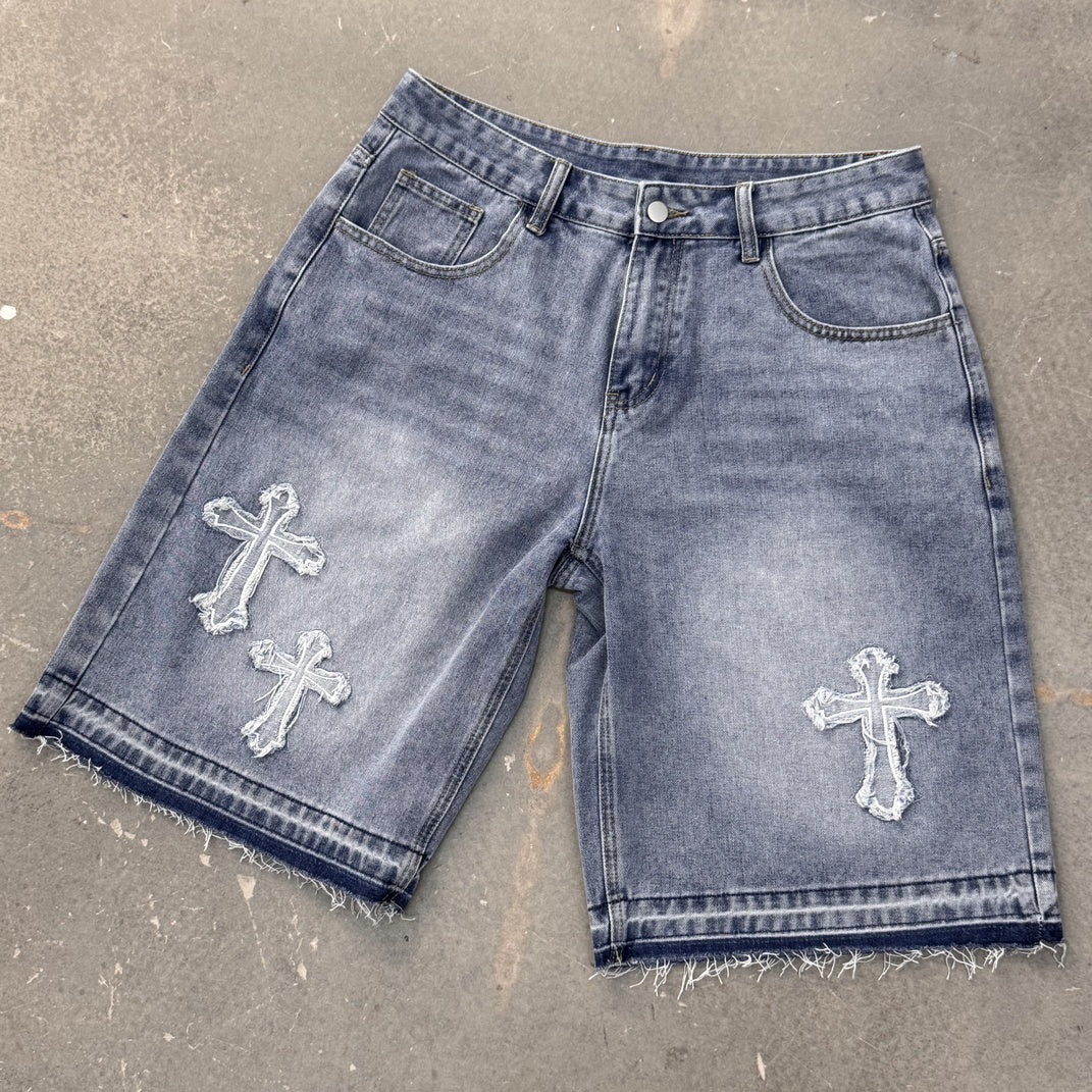 High-street Embroidery Cross Washed Denim Shorts