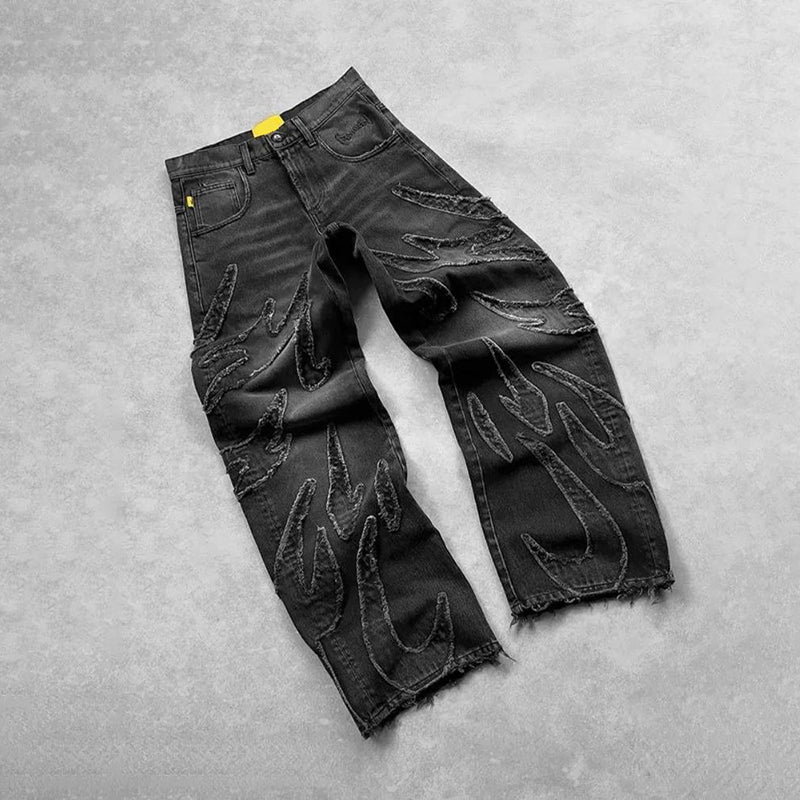 Unisex Flame AppliquÉ Wide-leg Baggy Jeans