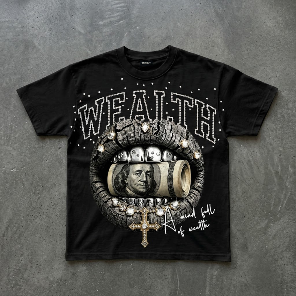 Diamond Encrusted Lips With Gold Cross Graphic T-shirt