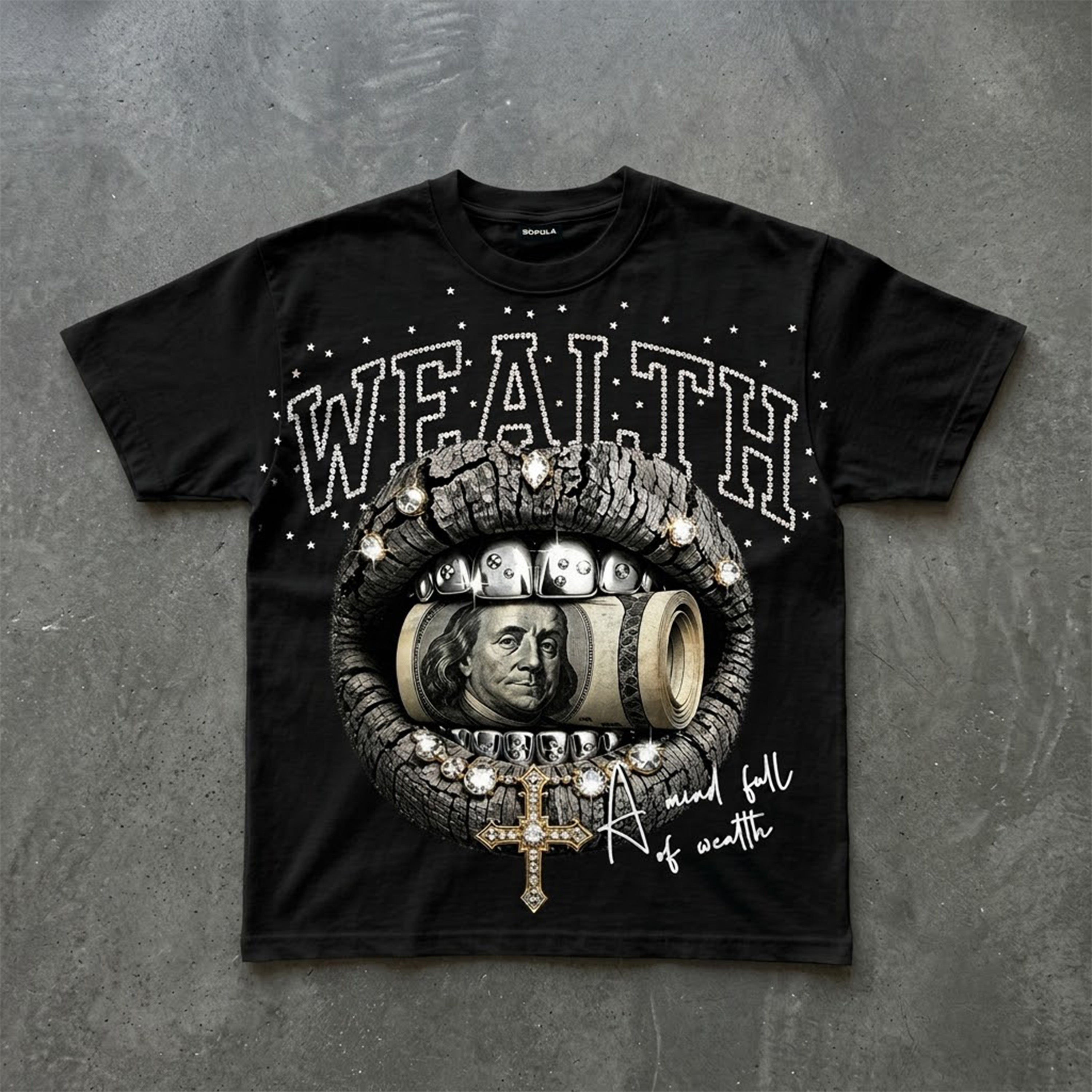 Diamond Encrusted Lips With Gold Cross Graphic T-shirt