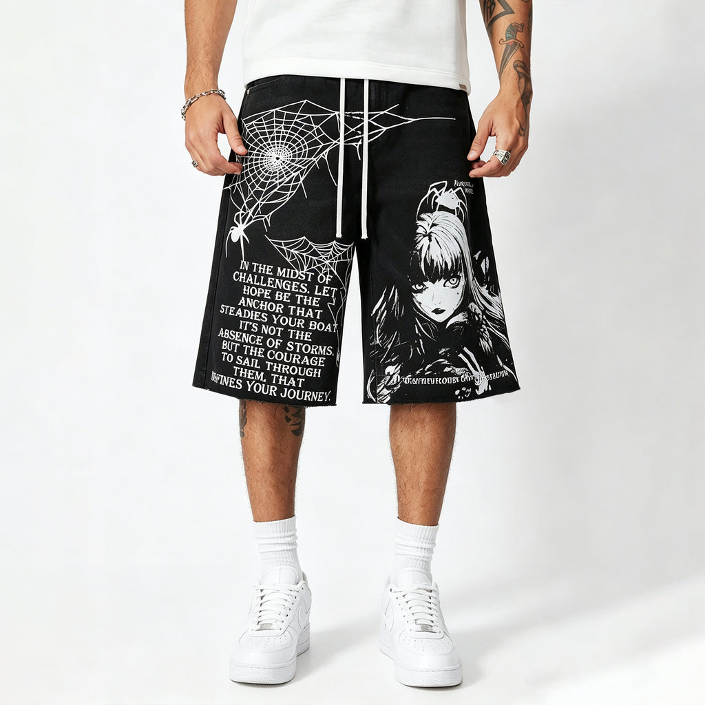 Men's Japanese Harajuku Casual Loose Fit Cartoon Print Pocket Drawstring Shorts
